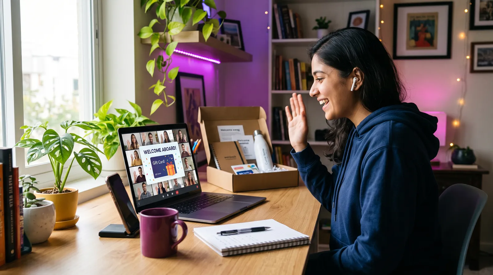 New hire joining a welcome call with a digital onboarding kit