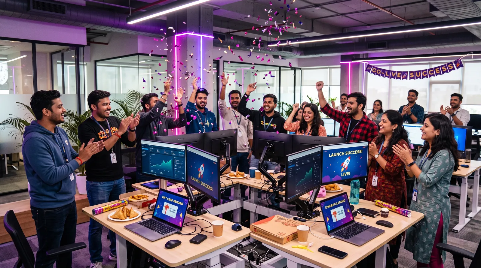 Tech team celebrating a product launch
