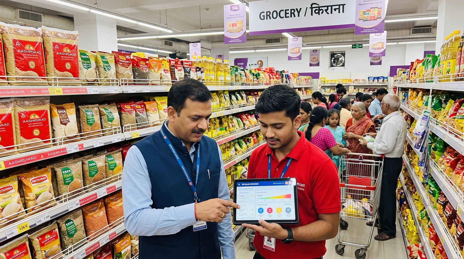 Retail store team reviewing incentive rewards